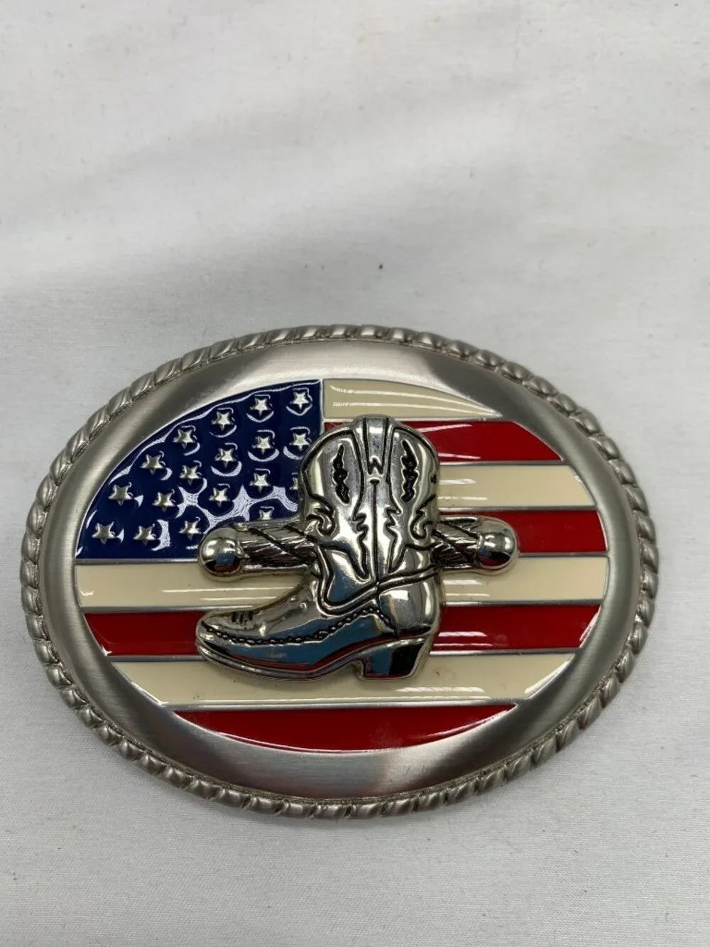 American Flag & Cowboy Boot Belt Buckle Oval Western